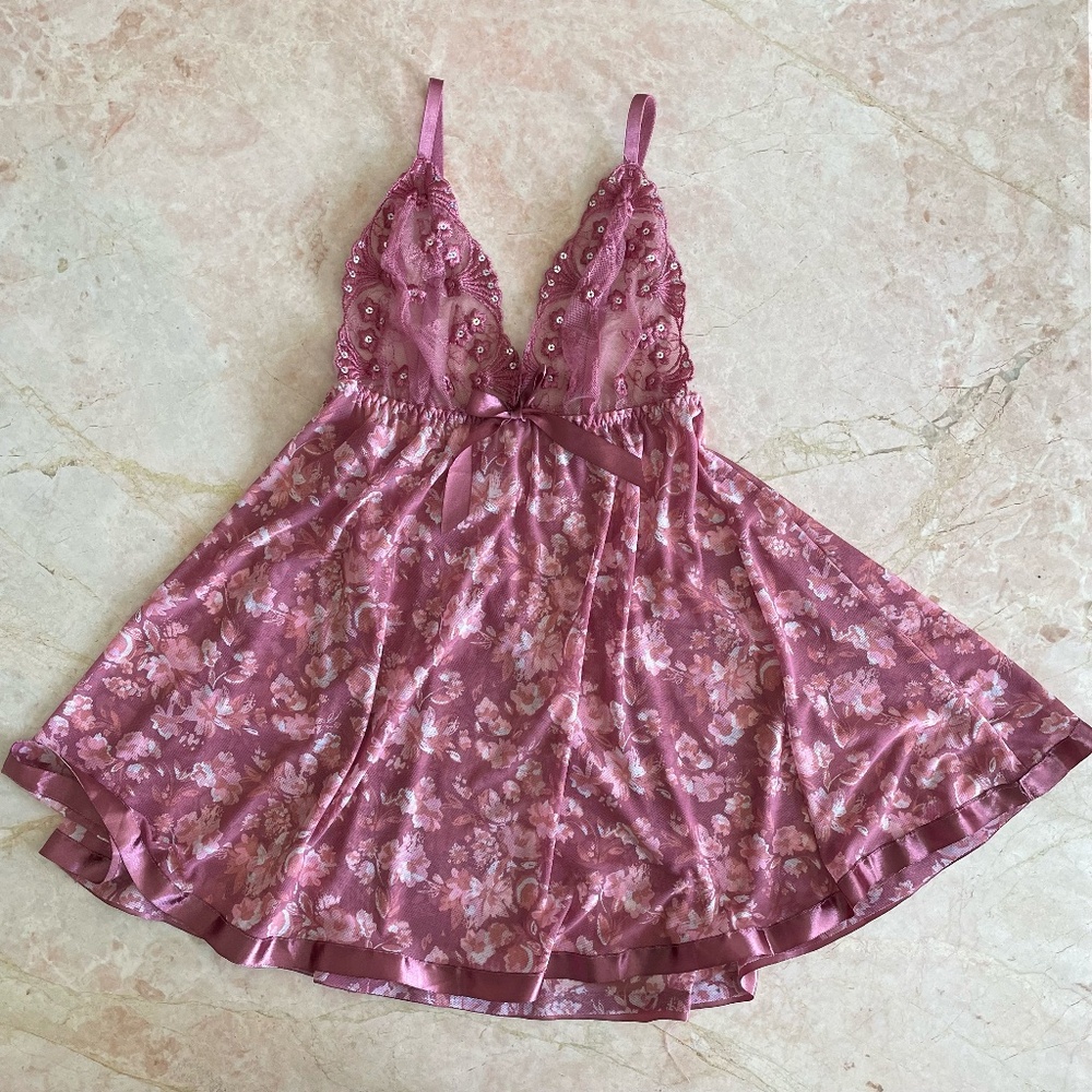Sequin purple floral lace babydoll dress with bow